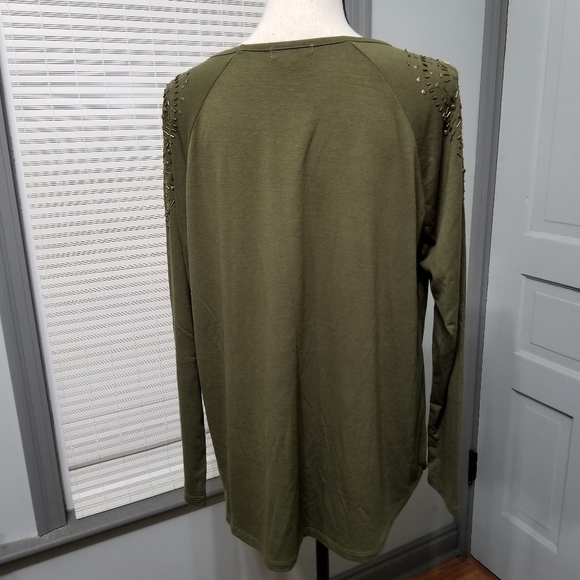Lane Bryant Brass Beaded Embellished Shoulder Long Sleeve Tee - Olive - Picture 5 of 6